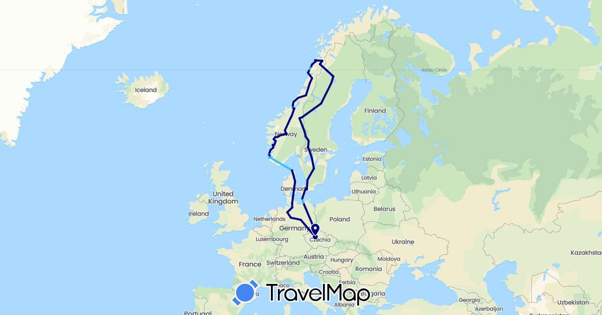 TravelMap itinerary: driving, boat in Czech Republic, Germany, Denmark, Norway, Sweden (Europe)