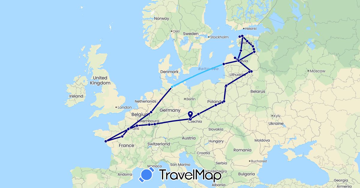 TravelMap itinerary: driving, boat in Czech Republic, Germany, Estonia, France, Lithuania, Latvia, Poland (Europe)