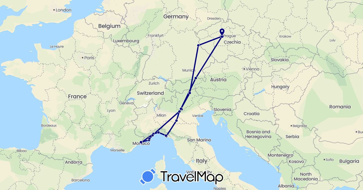 TravelMap itinerary: driving in Czech Republic, Germany, France, Italy (Europe)