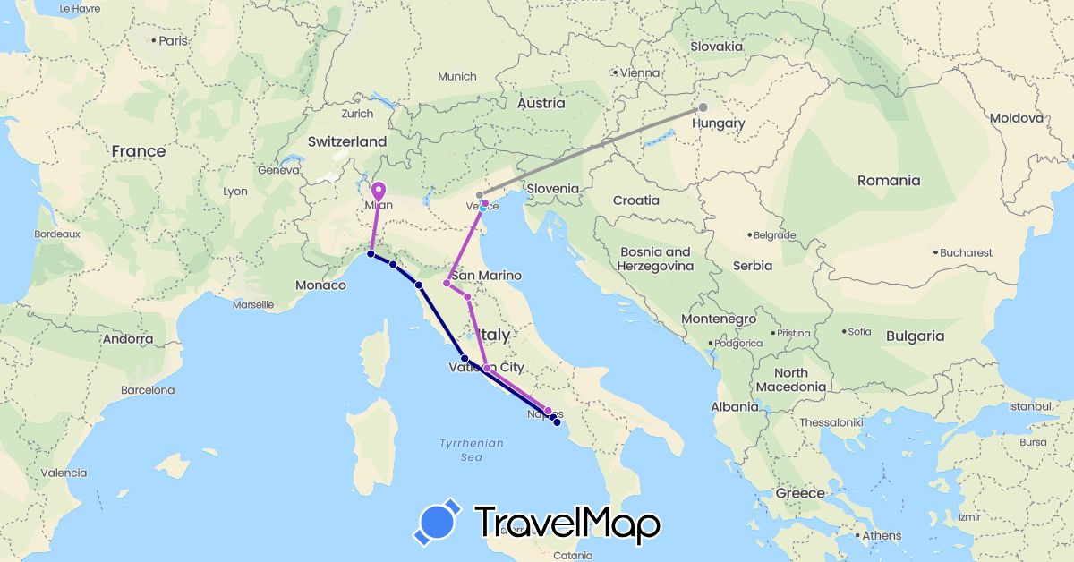 TravelMap itinerary: driving, plane, train, boat in Hungary, Italy (Europe)