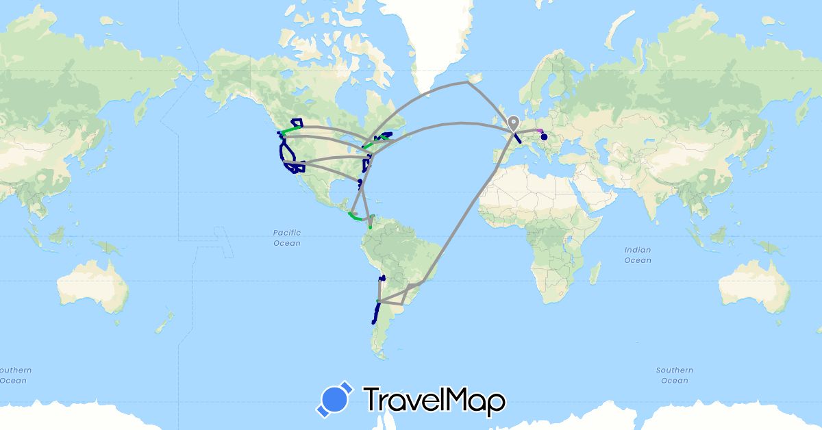 TravelMap itinerary: driving, bus, plane, train, hiking, boat in Argentina, Brazil, Canada, Chile, Colombia, Costa Rica, Czech Republic, France, Hungary, Iceland, Morocco, Nicaragua, Panama, United States (Africa, Europe, North America, South America)